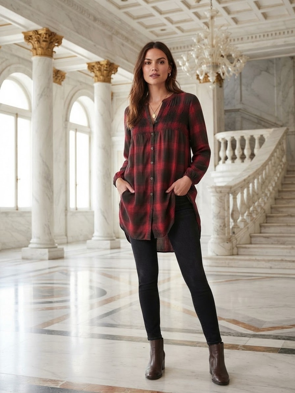 Knox Rose Red and Black Plaid Button-Front Tunic